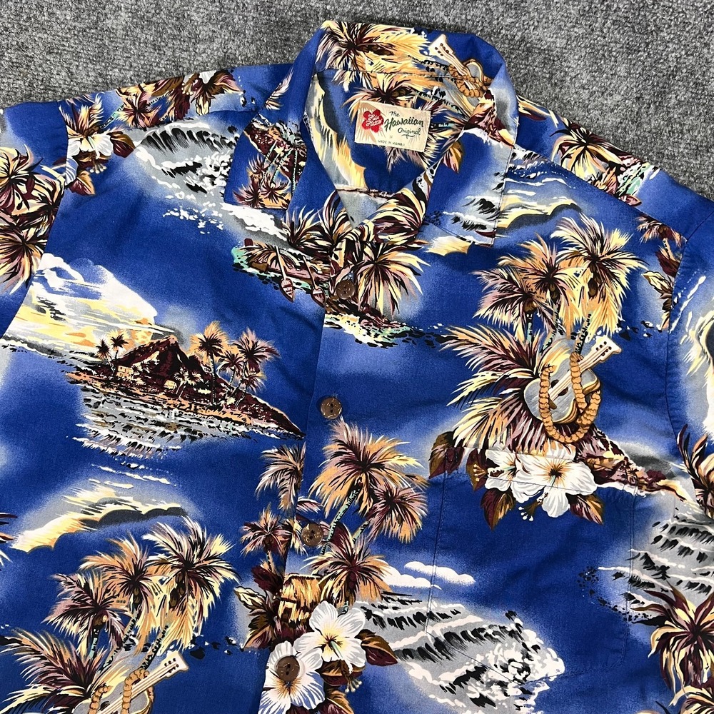 Hilo Hattie Hawaiian Original Scenic Aloha SS Shirt Men's M Blue Made in Hawaii